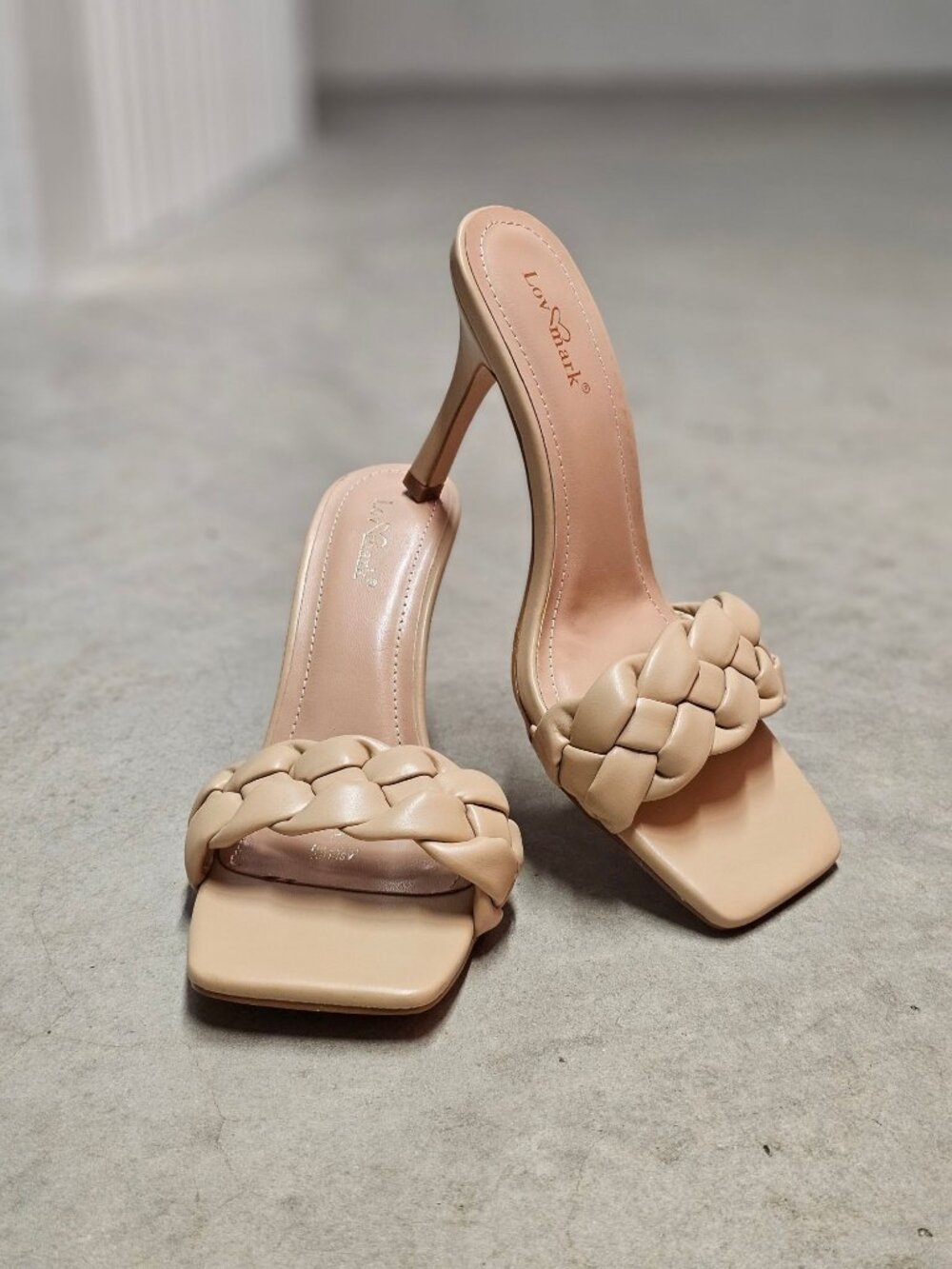 Braided Strap Square-Toe High-Heel Sandals In Nude